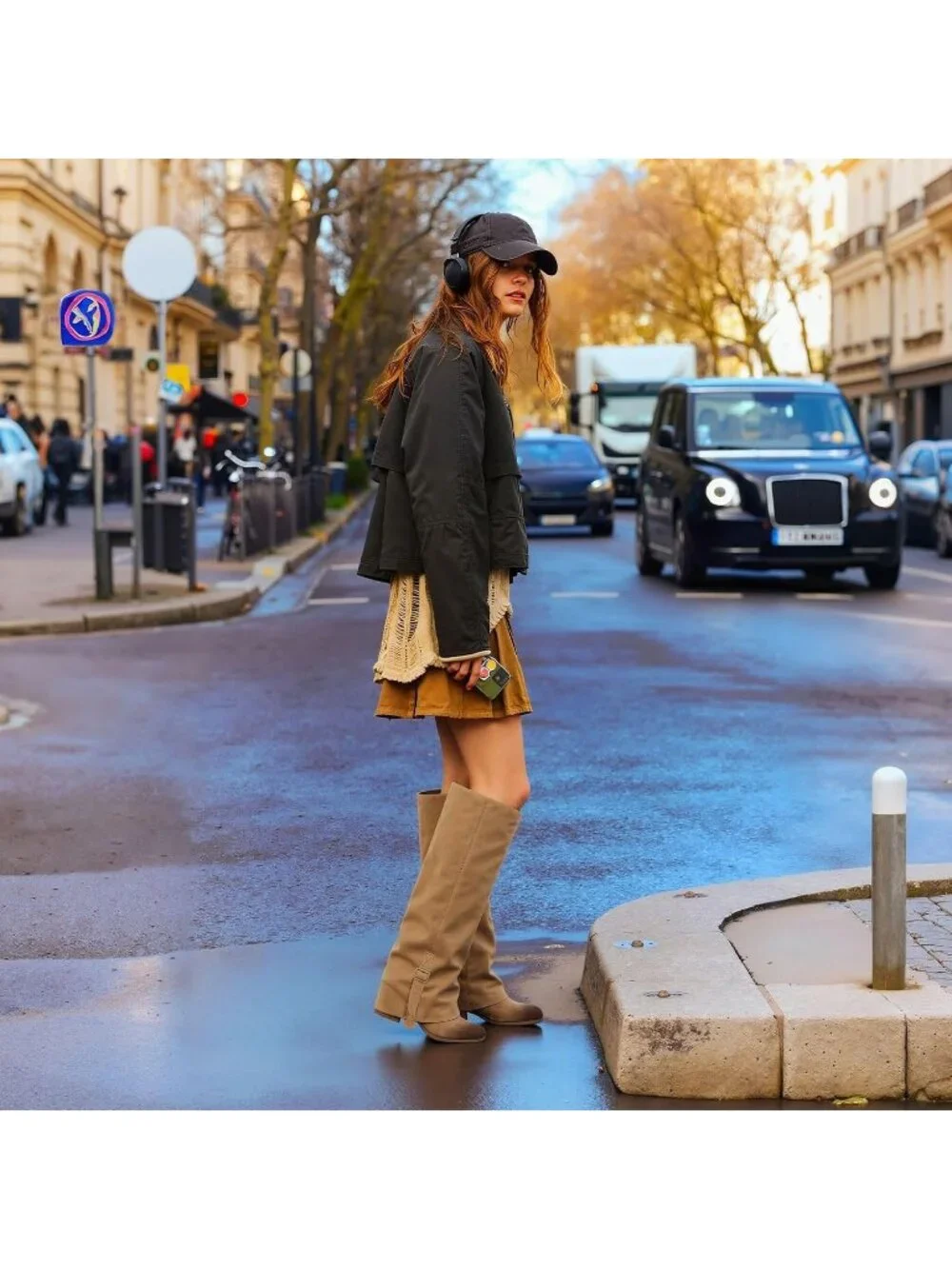 Women's Brown Suede Round Toe Chunky Heel Faux Leather Slouch Knee High Boots